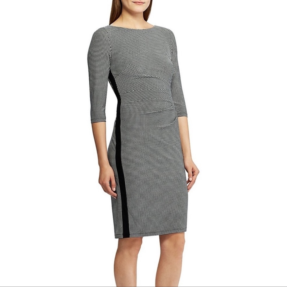 🆕 LAUREN Ralph Lauren Black & White Ruched Bodycon Illusion Sheath Dress